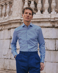 'Luxury Twill' in Blue Striped - Modern Fit - Two Ply Cotton Twill Dress Shirt with Cutaway Collar (Size 17 1/2 Regular) by Eterna 1863