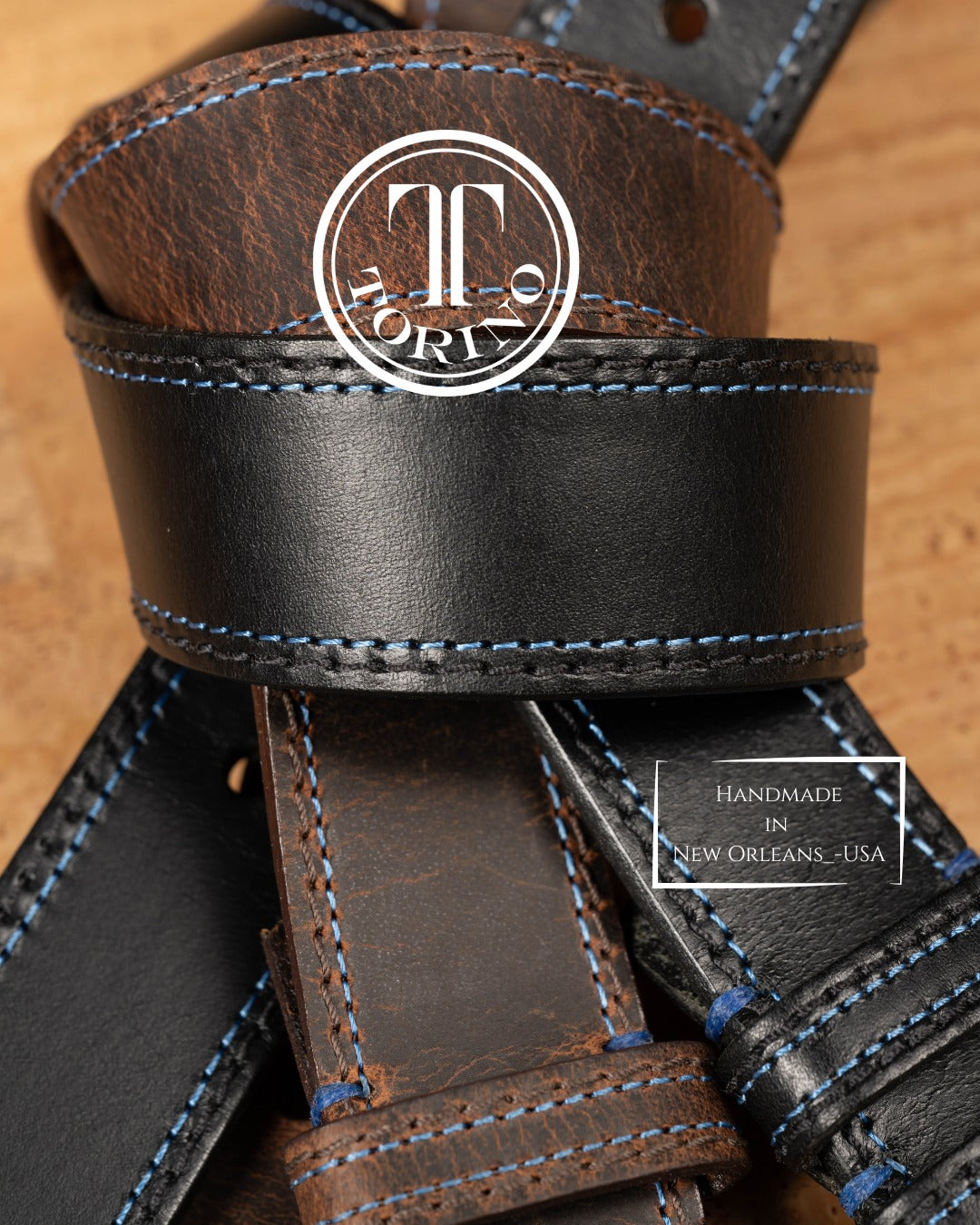 Distressed Waxed Harness Leather Belt in Charcoal with Charcoal and Blue Stitching by Torino Leather (Copy)