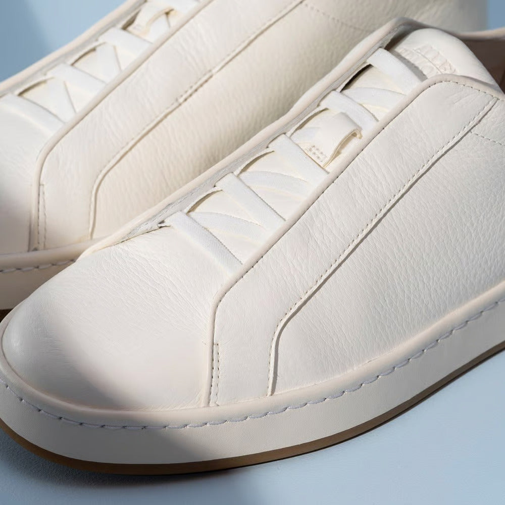 Banks Court Slip-On Stretch-Lace Sneaker in White Leather by Allen Edmonds