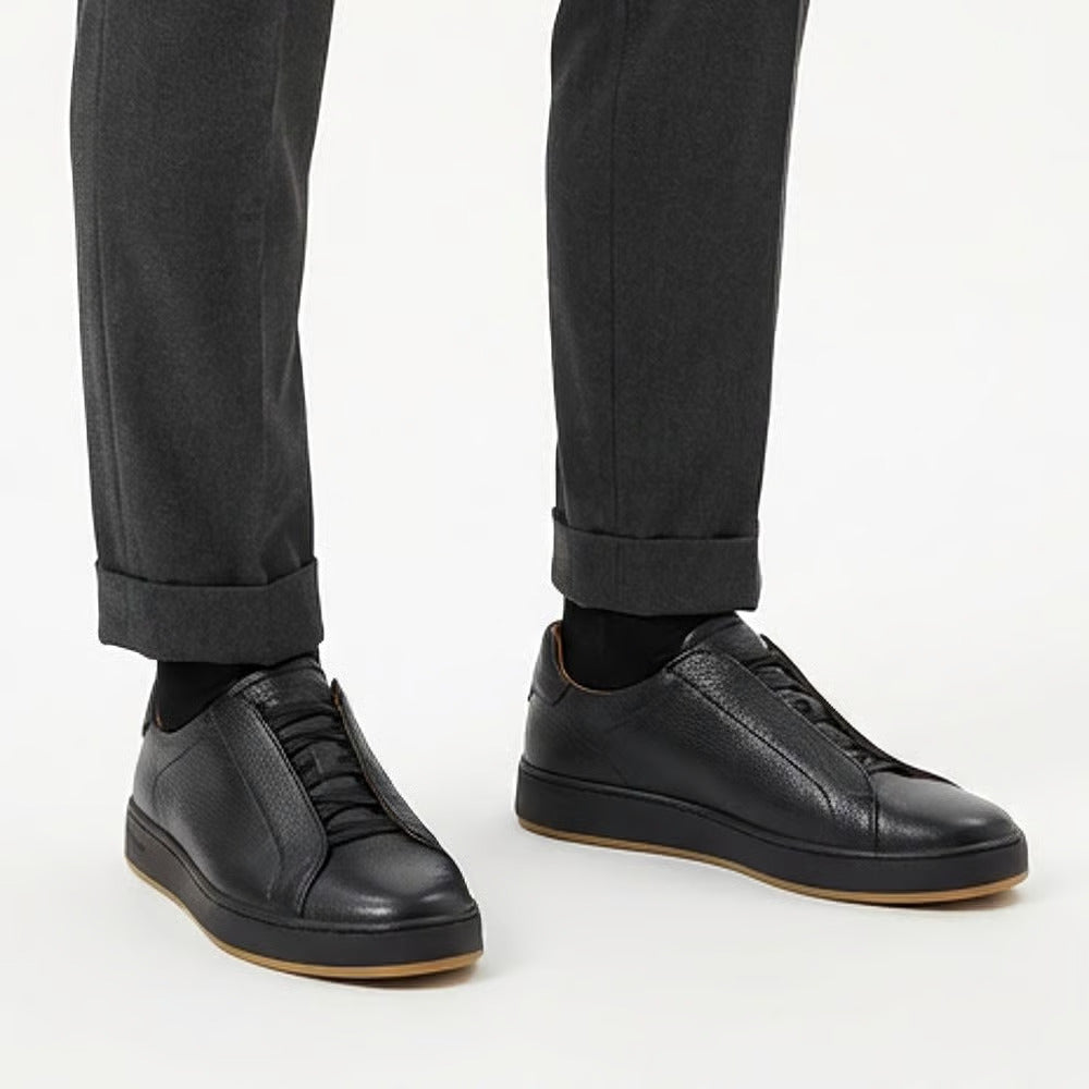 Banks Court Slip-On Stretch-Lace Sneaker in Black Leather by Allen Edmonds