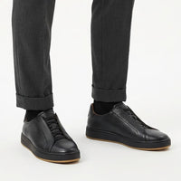 Banks Court Slip-On Stretch-Lace Sneaker in Black Leather by Allen Edmonds