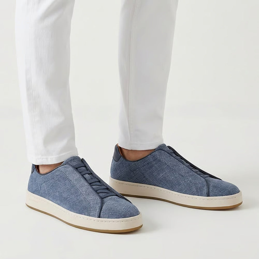 Banks Court Slip-On Stretch-Lace Sneaker in Blue Denim-Textured Suede by Allen Edmonds