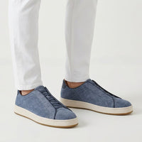 Banks Court Slip-On Stretch-Lace Sneaker in Blue Denim-Textured Suede by Allen Edmonds