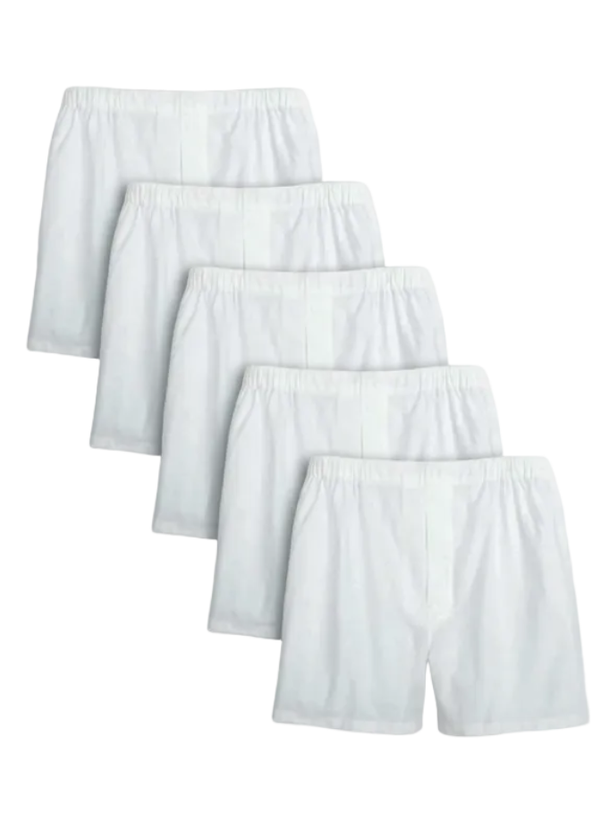 'Denver' Solid Pinpoint Poplin Full Make Cotton Boxer Shorts in White (5 Pack) by Batton