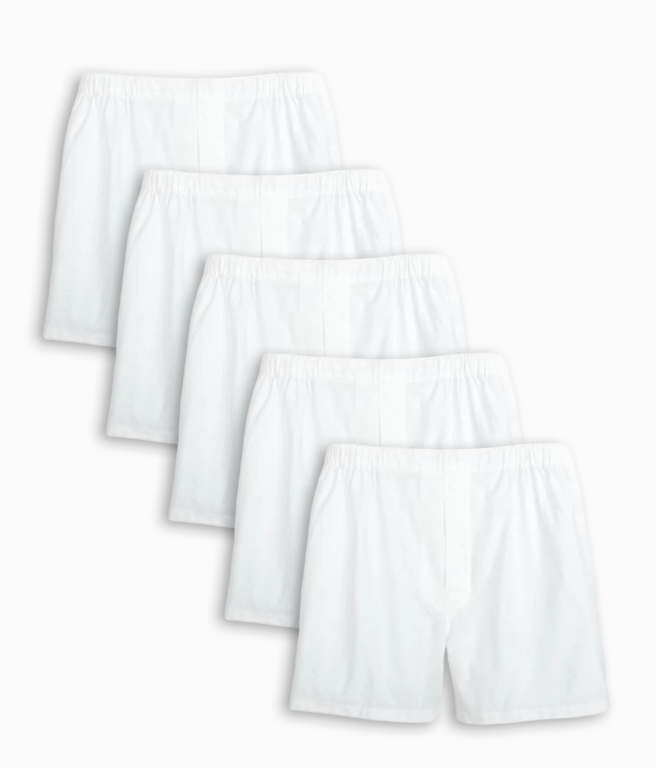 'Denver' Solid Pinpoint Poplin Full Make Cotton Boxer Shorts in White (5 Pack) by Batton