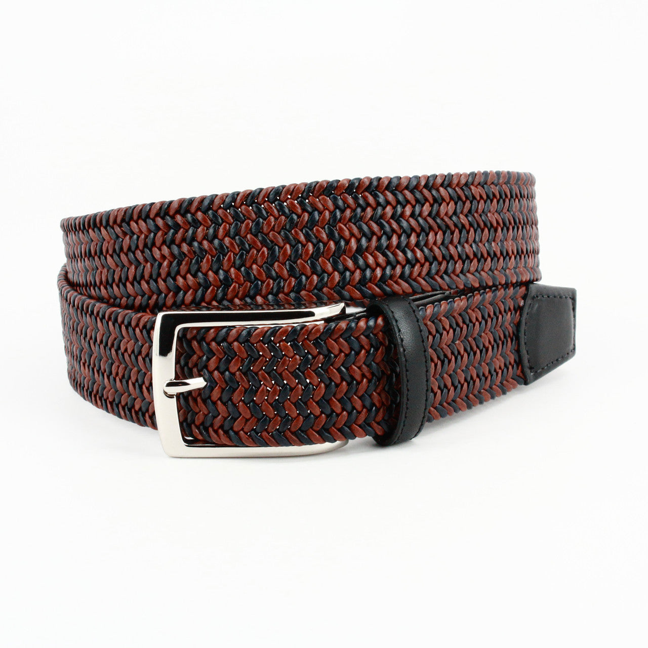Italian Braided Stretch Leather Cording Belt in Black and Cognac by Torino Leather