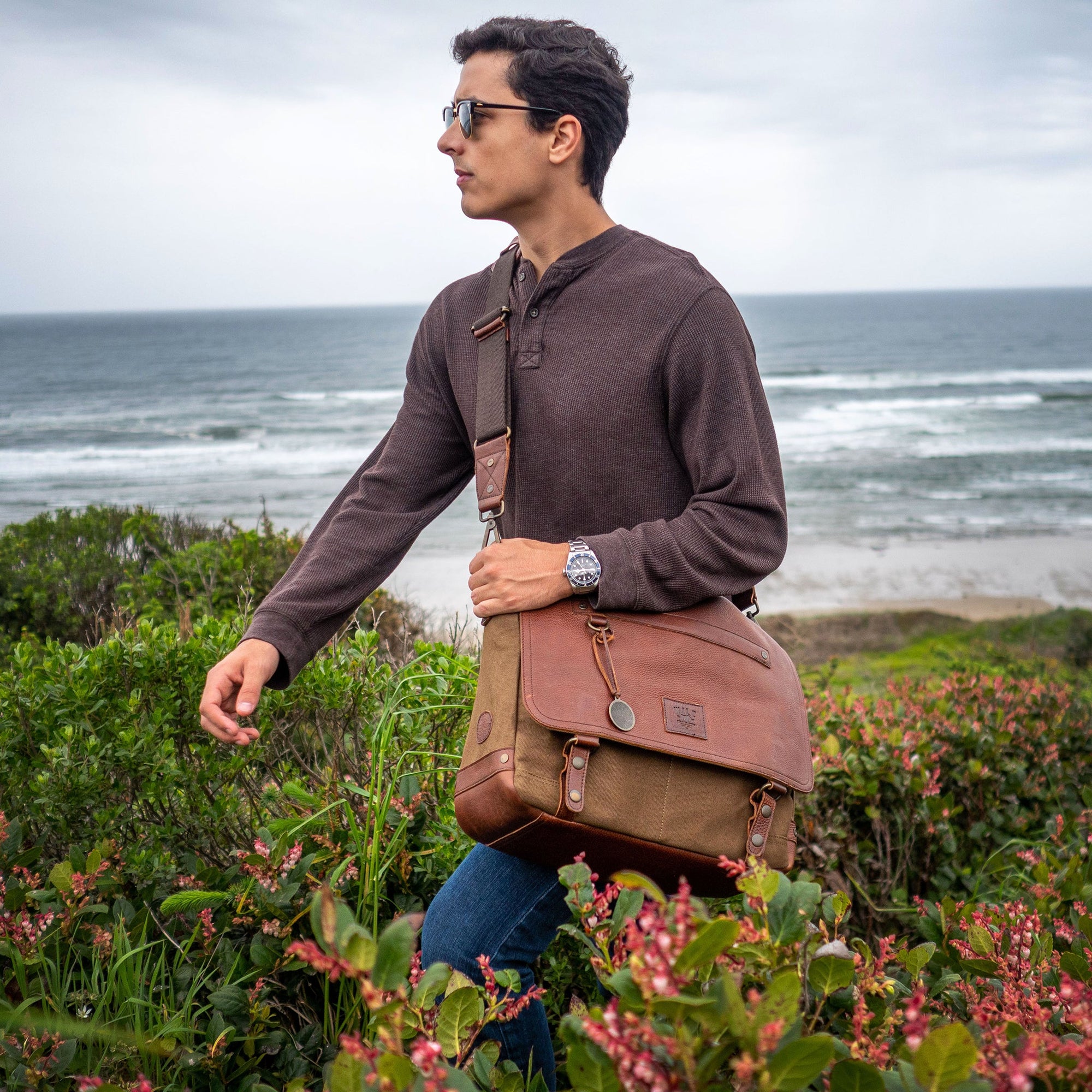 Wallace Canvas and Leather Messenger Bag in Tobacco with Saddle Brown Leather by Will Leather Goods