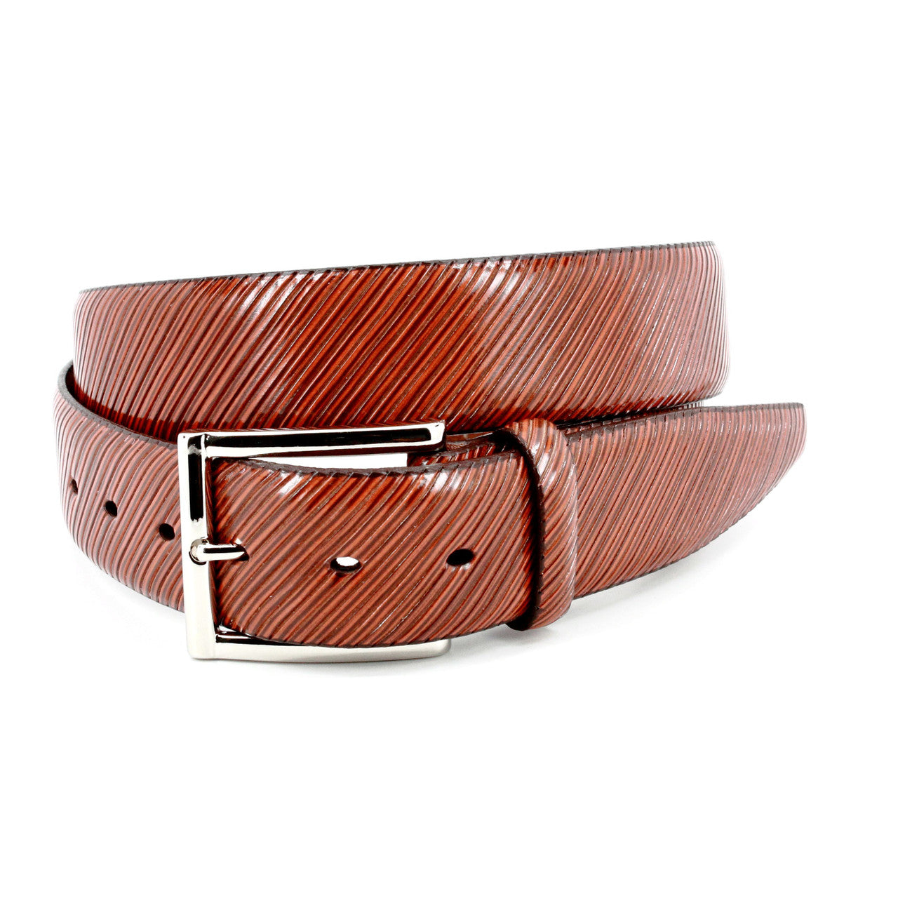 Diagonal Etched Italian Calfskin Dress Casual Belt in Cognac by Torino Leather