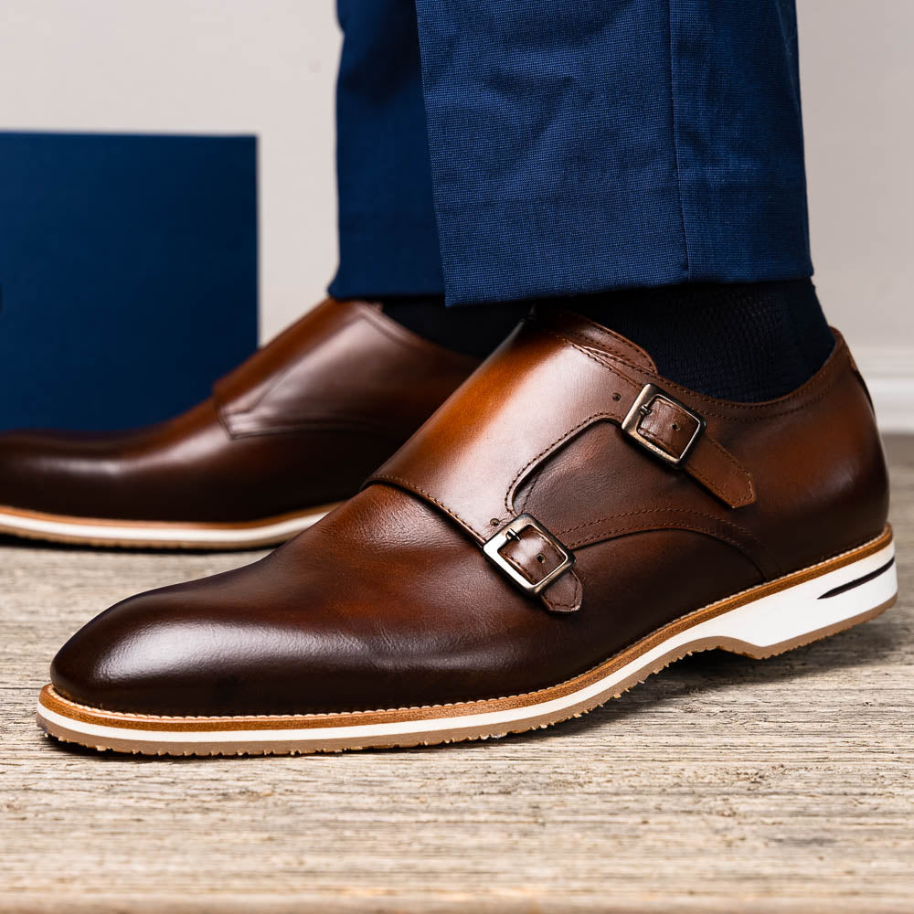 Legerra Hand Burnished Italian Calfskin Monk Strap Shoe in Brown by Ze Legerra Hand Burnished Italian Calfskin Monk Strap Shoe in Brown by Ze