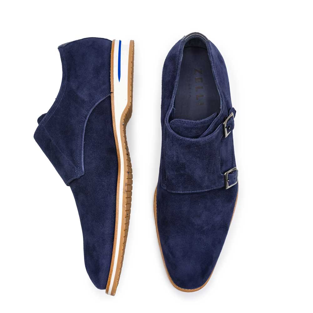 Legerra Sueded Goatskin Monk Strap Shoe with White Sole in Navy by Zelli Italia