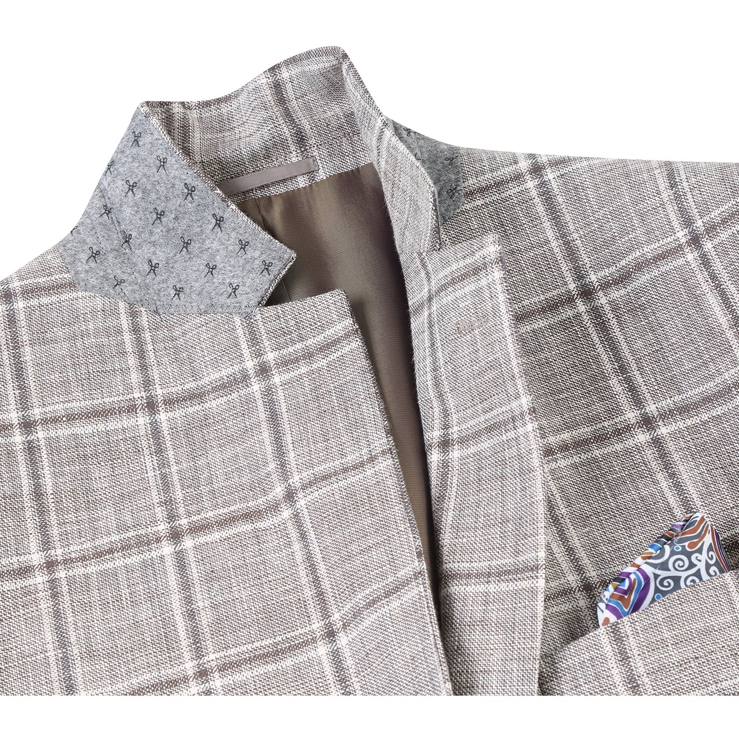 Single Breasted SLIM FIT Linen and Cotton Sport Coat in Khaki and Grey Plaid (Short, Regular, and Long Available) by Renoir