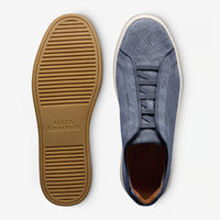 Banks Court Slip-On Stretch-Lace Sneaker in Blue Denim-Textured Suede by Allen Edmonds