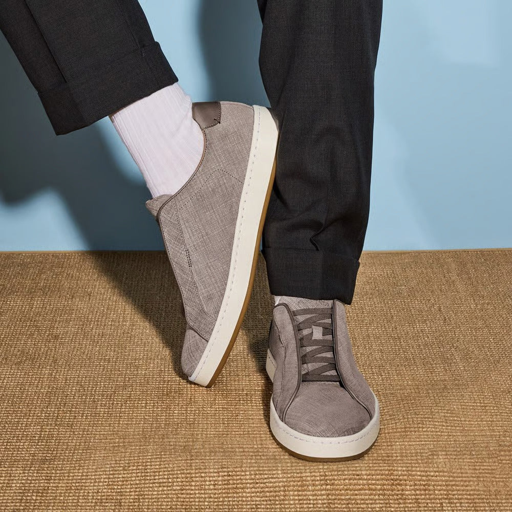 Banks Court Slip-On Stretch-Lace Sneaker in Vapor Denim-Textured Suede by Allen Edmonds
