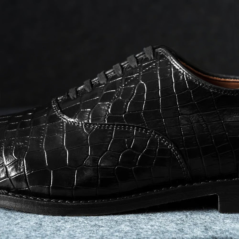 Carlyle Plain-Toe Oxford Dress Shoe in Black Embossed Croco Leather by Allen Edmonds