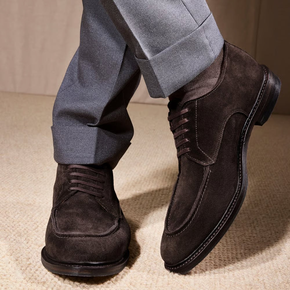 Rivington Apron-Toe Derby Dress Shoe in Bitter Chocolate Suede by Allen Edmonds