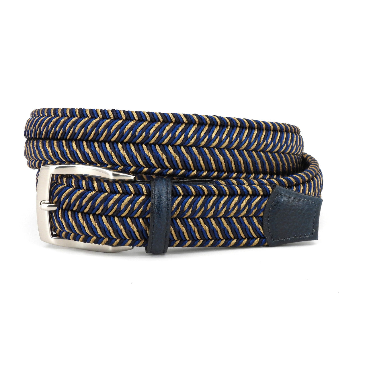 Italian Woven Herringbone Stretch Rayon Casual Belt in Navy & Khaki by Torino Leather