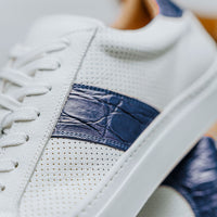 Olympias Italian Calfskin & Crocodile Stripe Sneaker in White/Navy by Zelli Italia