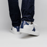 Olympias Italian Calfskin & Crocodile Stripe Sneaker in White/Navy by Zelli Italia