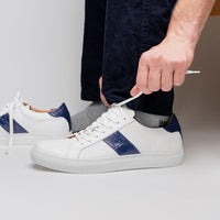Olympias Italian Calfskin & Crocodile Stripe Sneaker in White/Navy by Zelli Italia