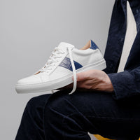 Olympias Italian Calfskin & Crocodile Stripe Sneaker in White/Navy by Zelli Italia