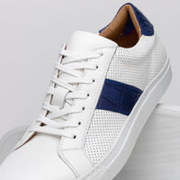 Olympias Italian Calfskin & Crocodile Stripe Sneaker in White/Navy by Zelli Italia