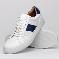 Olympias Italian Calfskin & Crocodile Stripe Sneaker in White/Navy by Zelli Italia