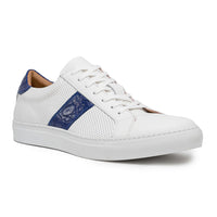 Olympias Italian Calfskin & Crocodile Stripe Sneaker in White/Navy by Zelli Italia