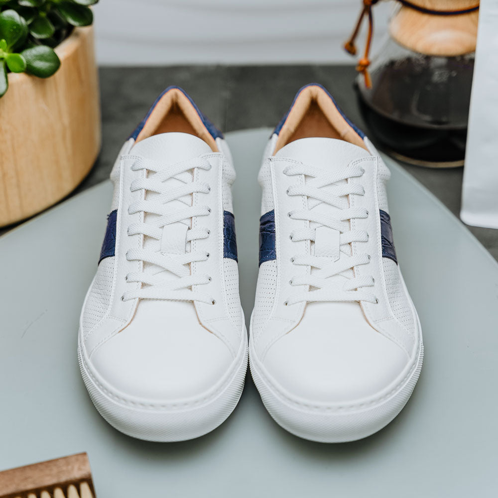 Olympias Italian Calfskin & Crocodile Stripe Sneaker in White/Navy by