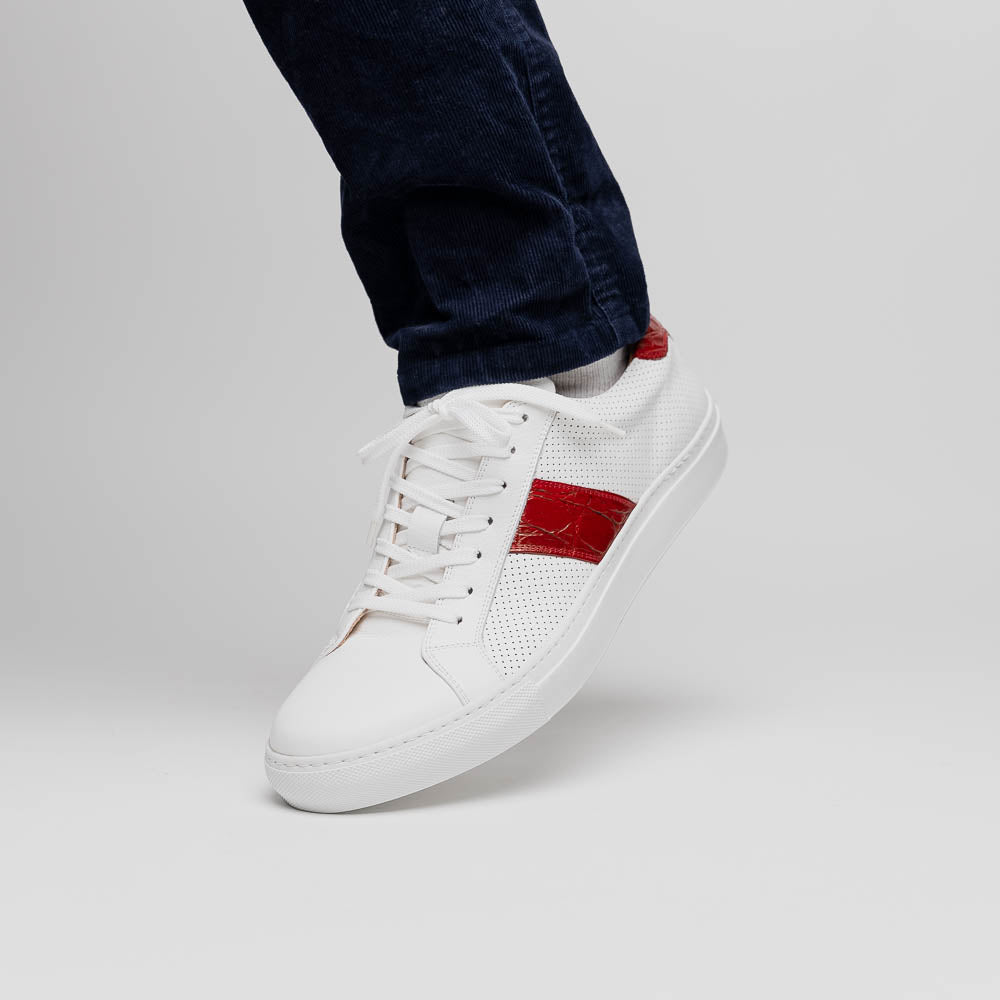Olympias Italian Calfskin & Crocodile Stripe Sneaker in White/Red by Zelli Italia