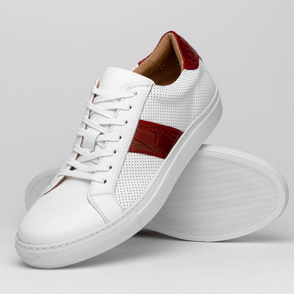 Olympias Italian Calfskin & Crocodile Stripe Sneaker in White/Red by Zelli Italia