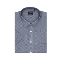 Blue Geometric Print Short Sleeve No-Iron Cotton Sport Shirt with Hidden Button Down Collar by Leo Chevalier
