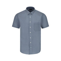 Blue Geometric Print Short Sleeve No-Iron Cotton Sport Shirt with Hidden Button Down Collar by Leo Chevalier