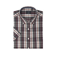 Plum, Grey, and White Plaid Short Sleeve No-Iron Cotton Sport Shirt with Button Down Collar by Leo Chevalier