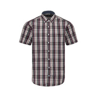 Plum, Grey, and White Plaid Short Sleeve No-Iron Cotton Sport Shirt with Button Down Collar by Leo Chevalier