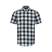 Navy and White Plaid Short Sleeve No-Iron Cotton Sport Shirt with Button Down Collar by Leo Chevalier