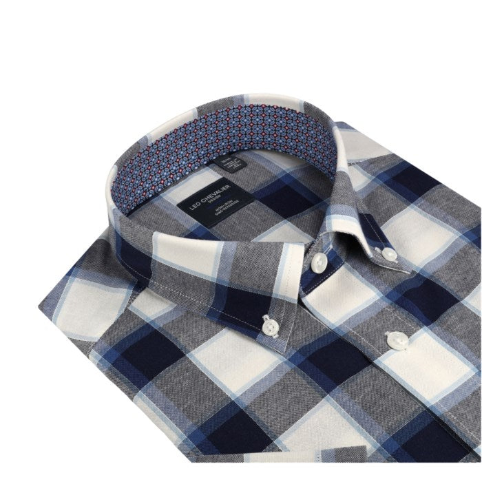 Navy and White Plaid Short Sleeve No-Iron Cotton Sport Shirt with Button Down Collar by Leo Chevalier