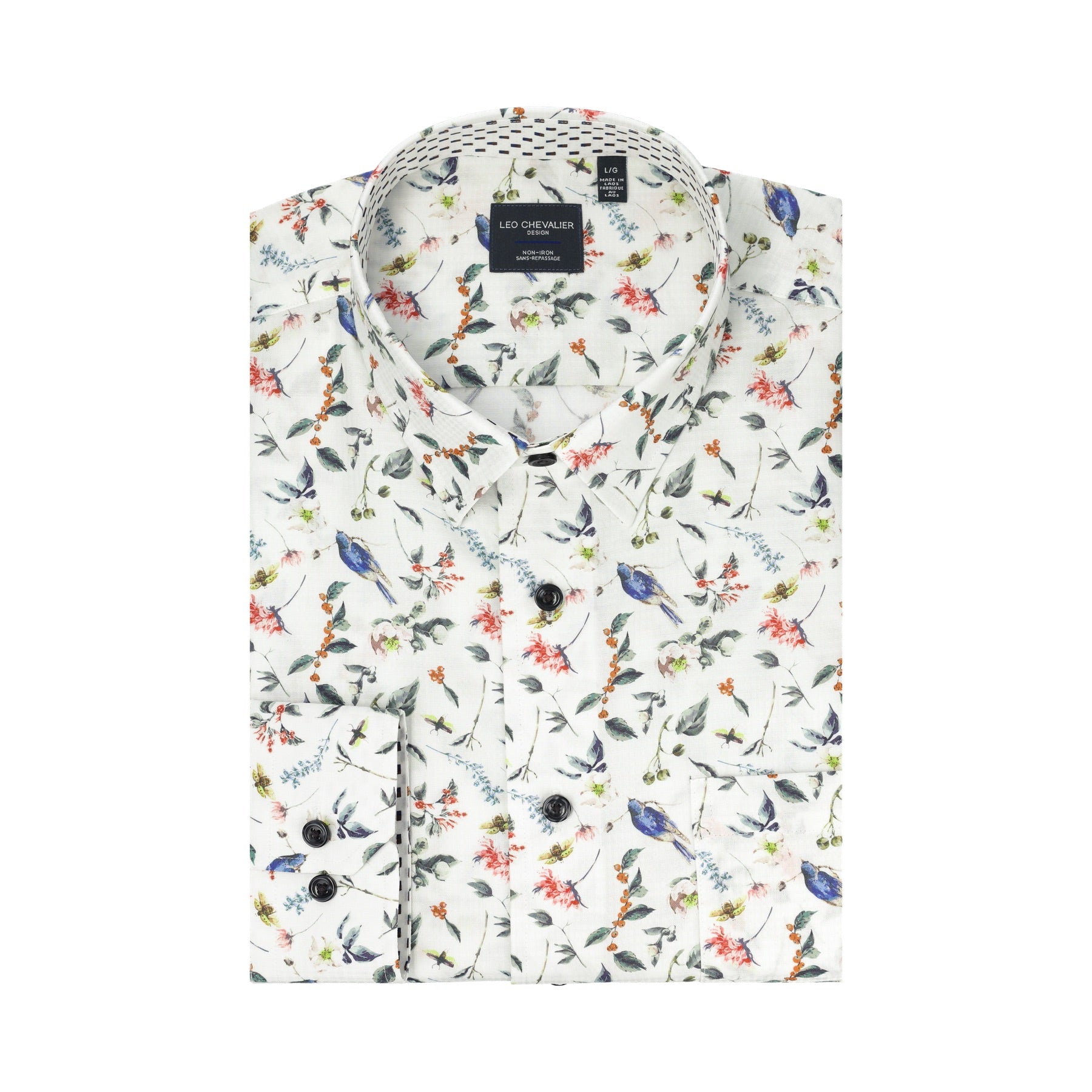 Bird Print No-Iron Cotton Sport Shirt with Hidden Button Down Collar by Leo Chevalier