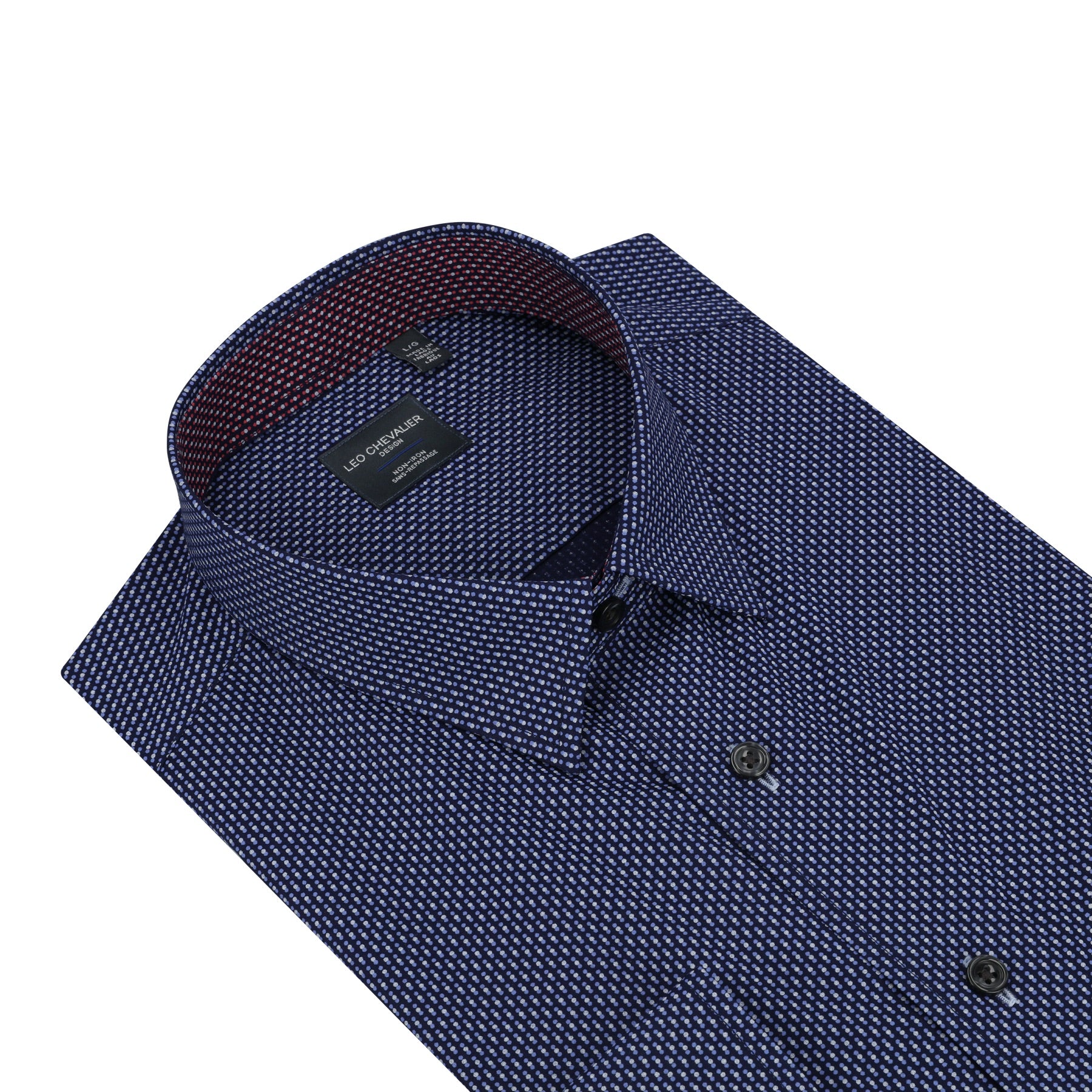 Navy and Light Blue Dot Print No-Iron Cotton Sport Shirt with Hidden Button Down Collar by Leo Chevalier