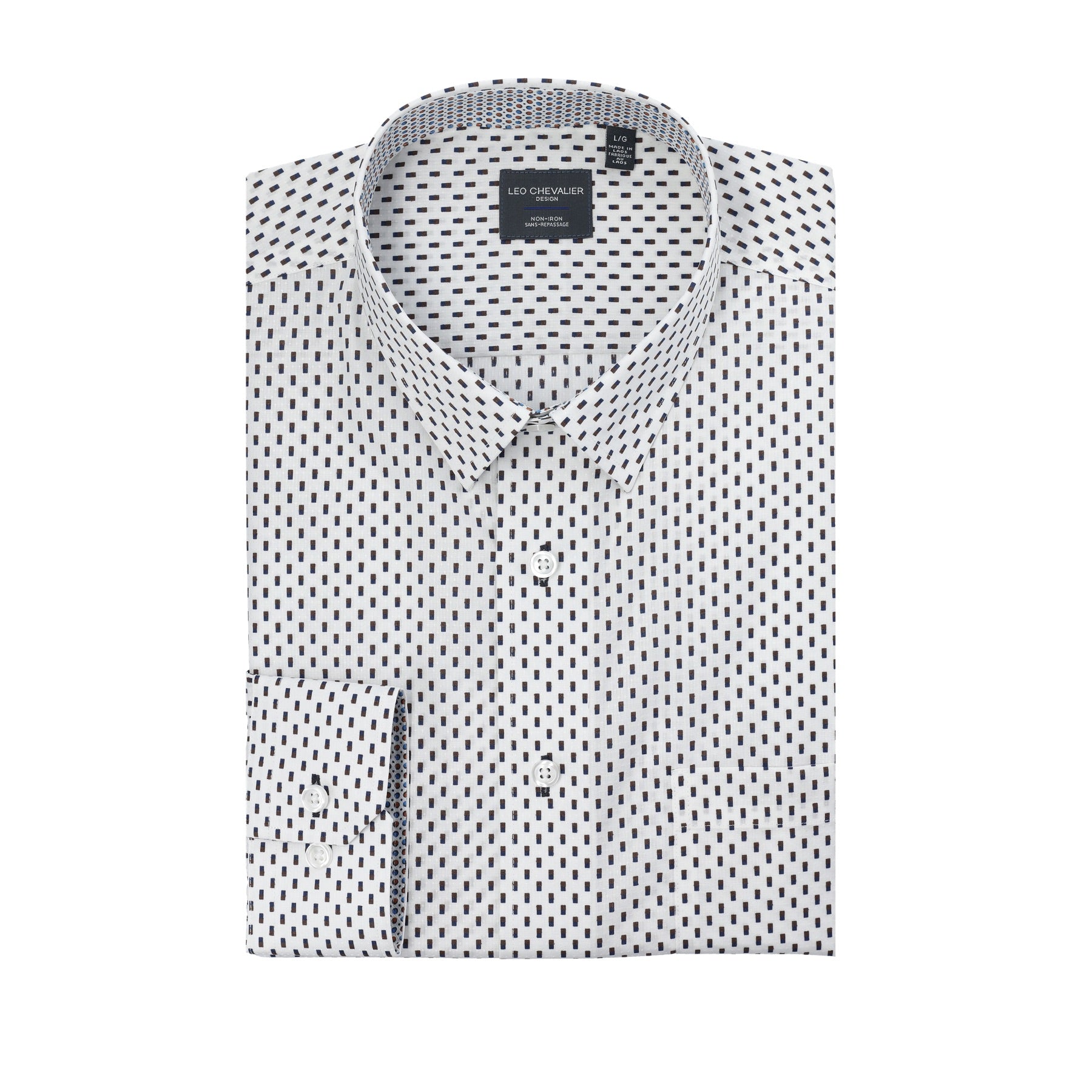 White, Blue, and Brown Rectangular Print No-Iron Cotton Sport Shirt with Hidden Button Down Collar by Leo Chevalier