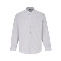 White, Blue, and Brown Rectangular Print No-Iron Cotton Sport Shirt with Hidden Button Down Collar by Leo Chevalier