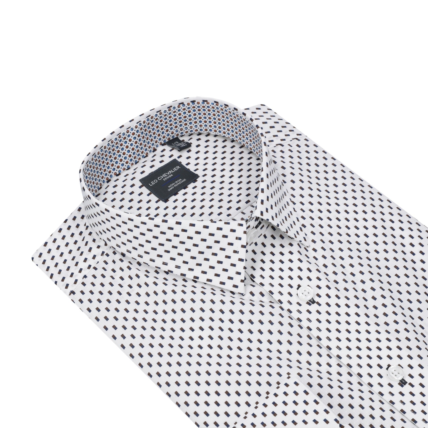 White, Blue, and Brown Rectangular Print No-Iron Cotton Sport Shirt with Hidden Button Down Collar by Leo Chevalier