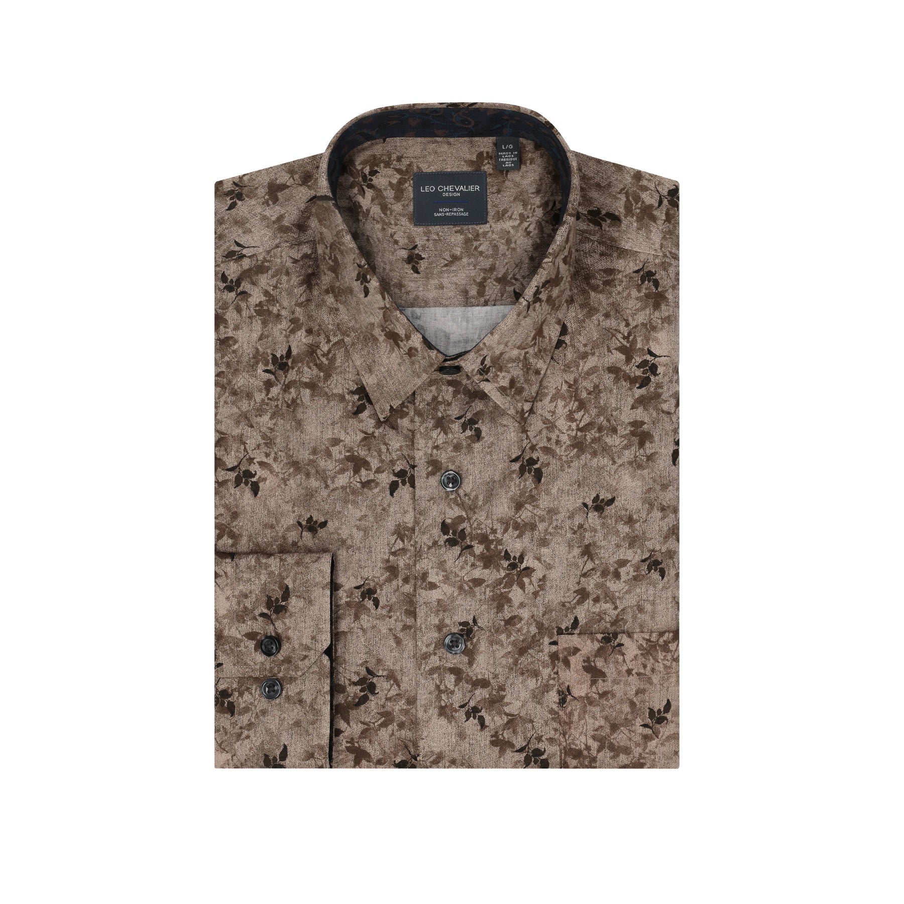 Earth and Brown Branch Print No-Iron Cotton Sport Shirt with Hidden Button Down Collar by Leo Chevalier