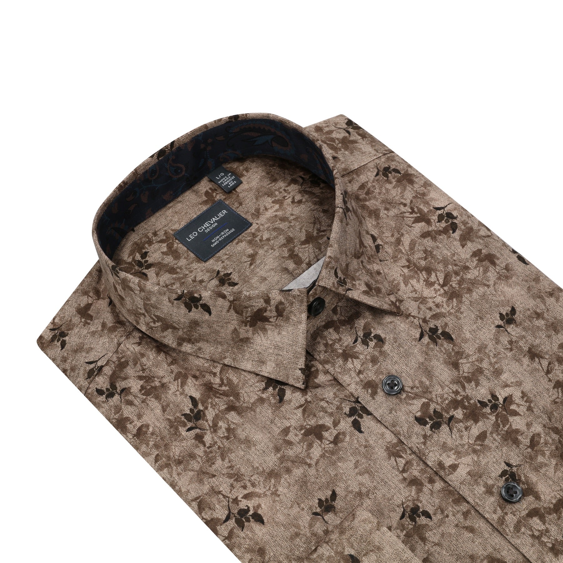 Earth and Brown Branch Print No-Iron Cotton Sport Shirt with Hidden Button Down Collar by Leo Chevalier