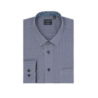 Navy and Blue Geometric Print No-Iron Cotton Sport Shirt with Hidden Button Down Collar by Leo Chevalier