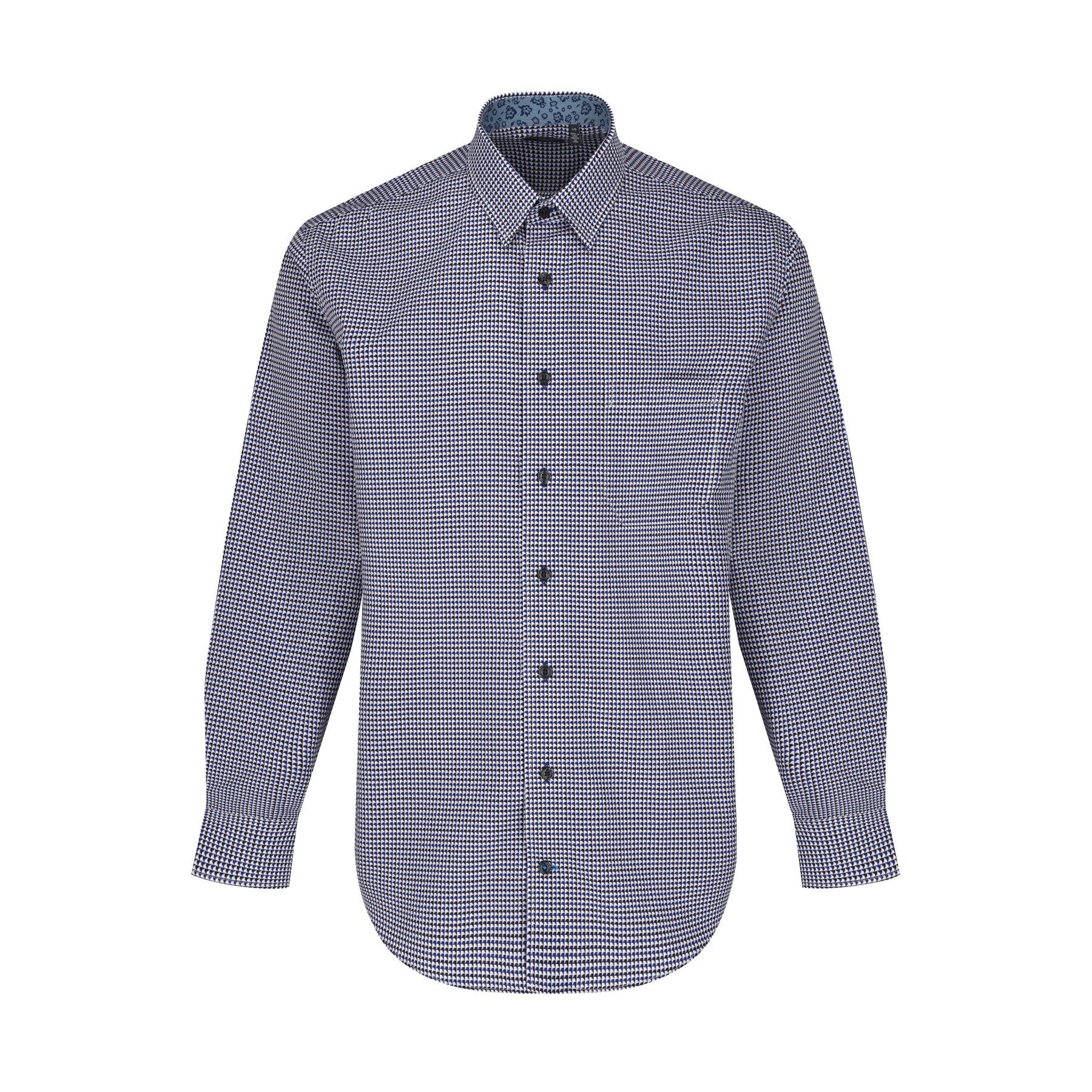 Navy and Blue Geometric Print No-Iron Cotton Sport Shirt with Hidden Button Down Collar by Leo Chevalier