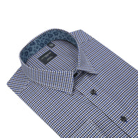 Navy and Blue Geometric Print No-Iron Cotton Sport Shirt with Hidden Button Down Collar by Leo Chevalier
