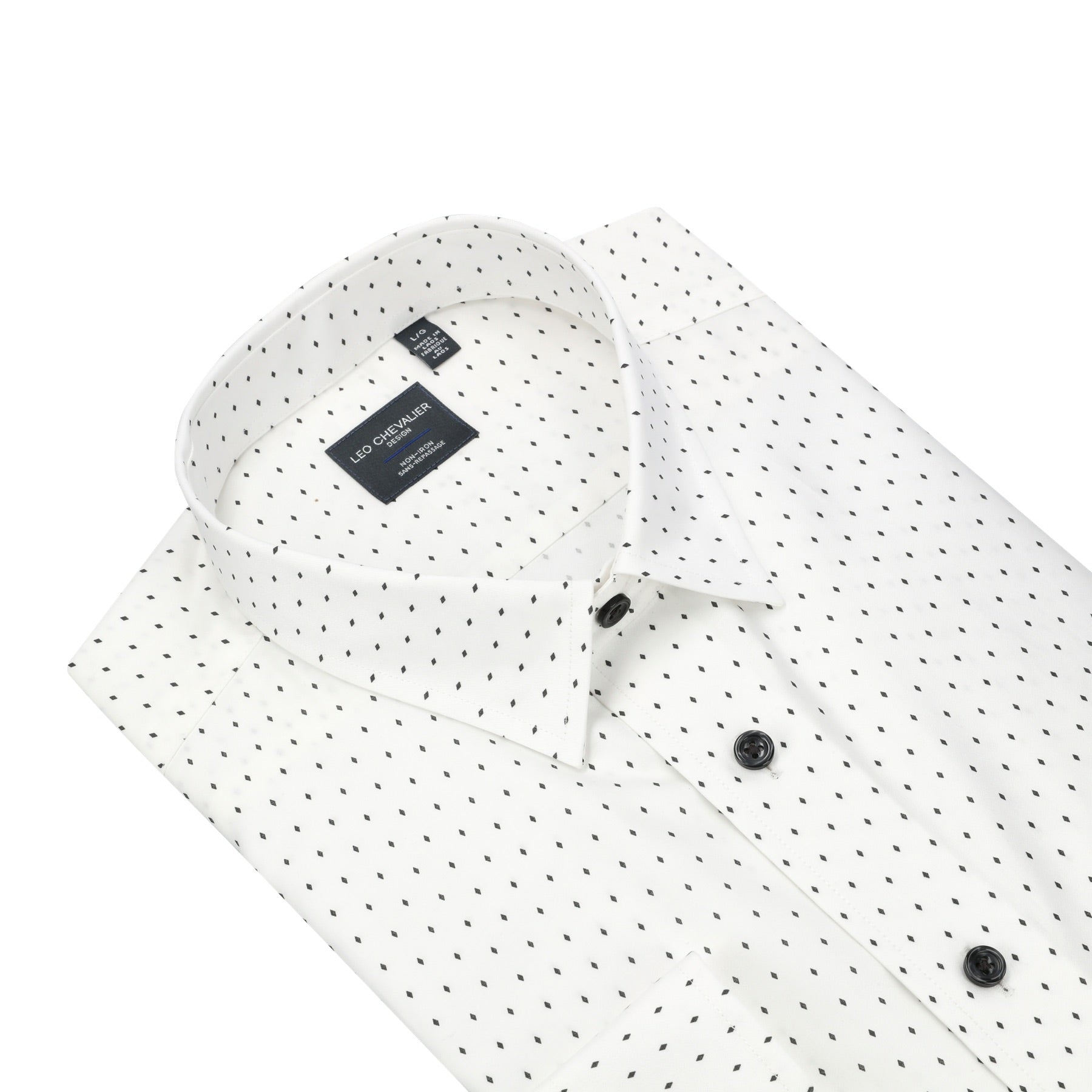 White with Black Diamond Print No-Iron Cotton Sport Shirt with Hidden Button Down Collar by Leo Chevalier