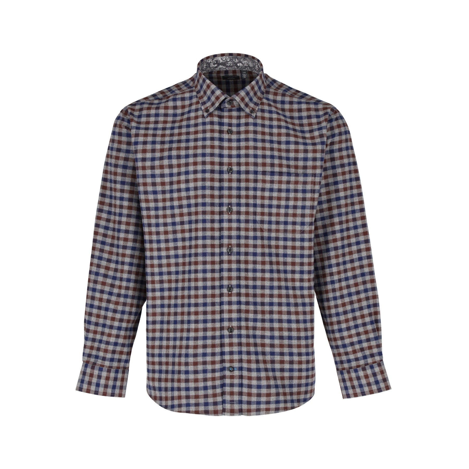 Grey, Blue, and Brown Check No-Iron Brushed Cotton Sport Shirt with Button Down Collar by Leo Chevalier
