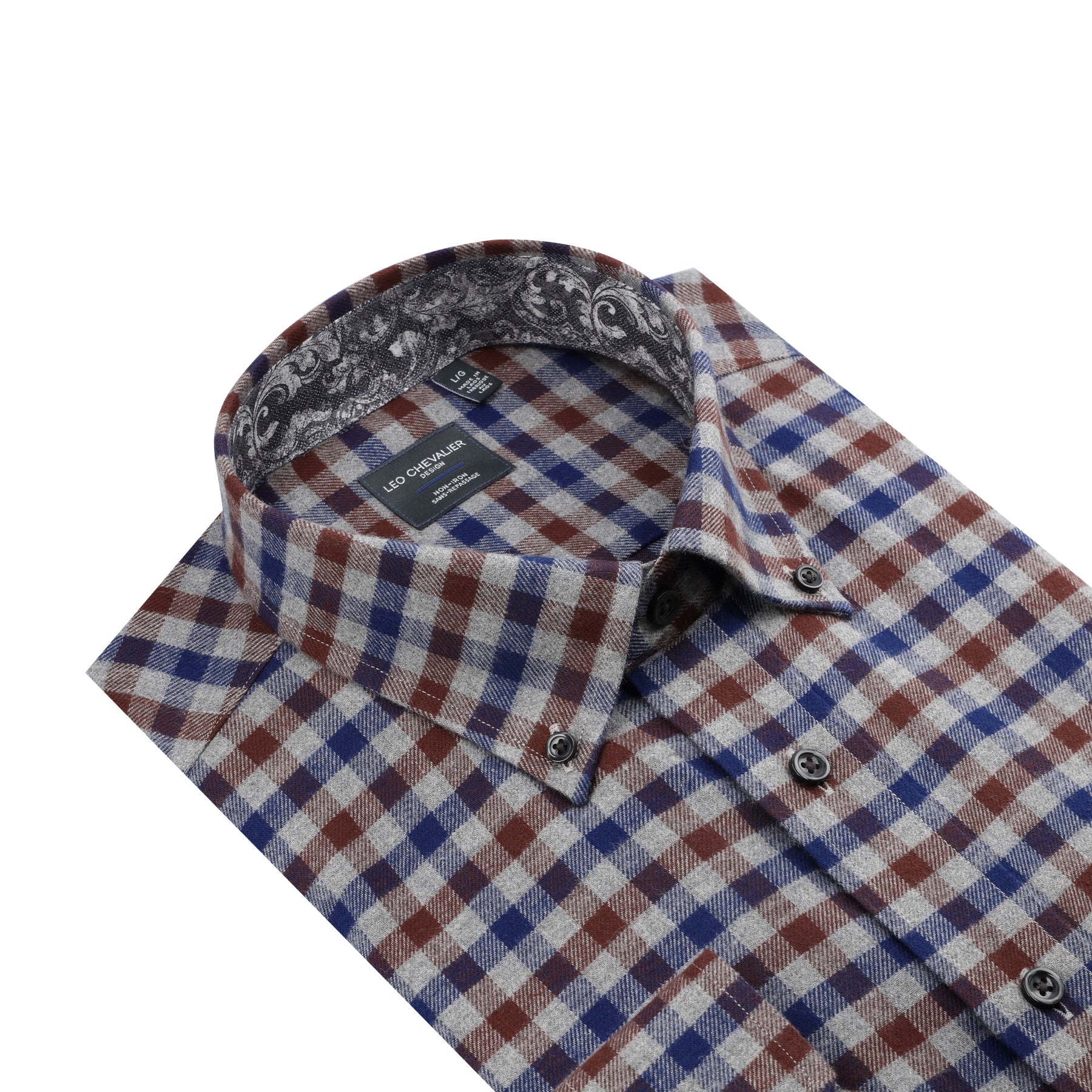 Grey, Blue, and Brown Check No-Iron Brushed Cotton Sport Shirt with Button Down Collar by Leo Chevalier