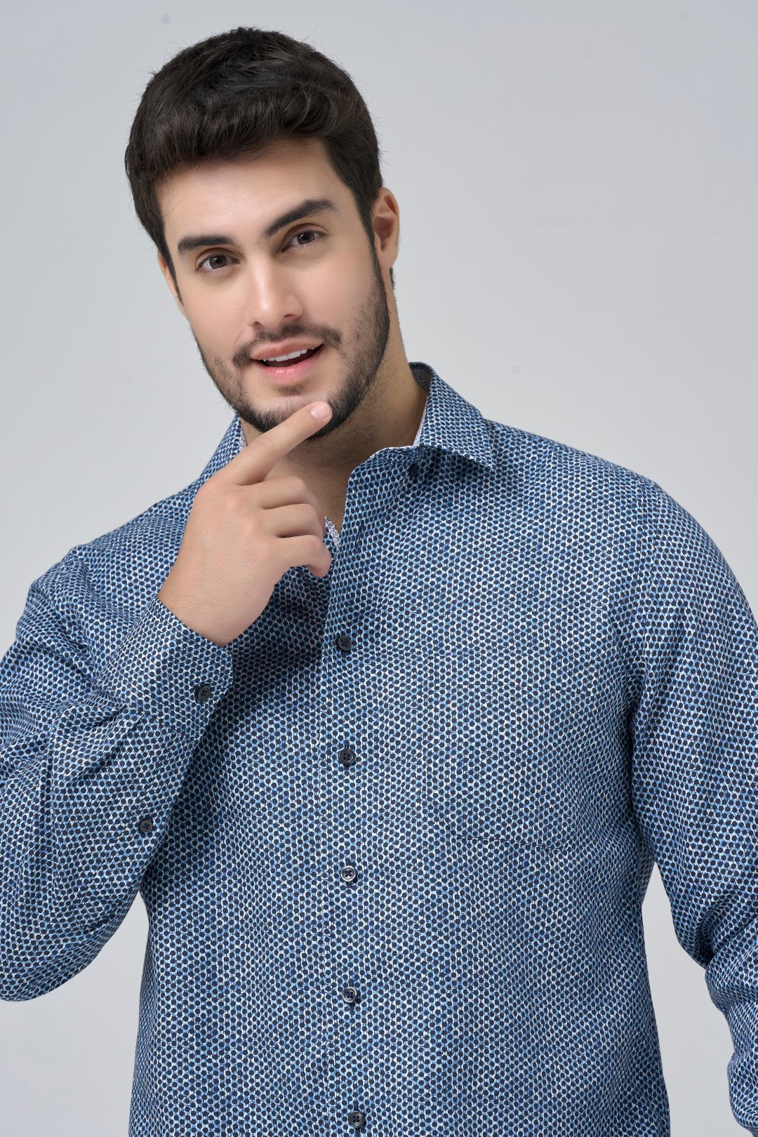 Multi Blue Dot Print Cotton Sport Shirt with Hidden Button Down Collar by Leo Chevalier